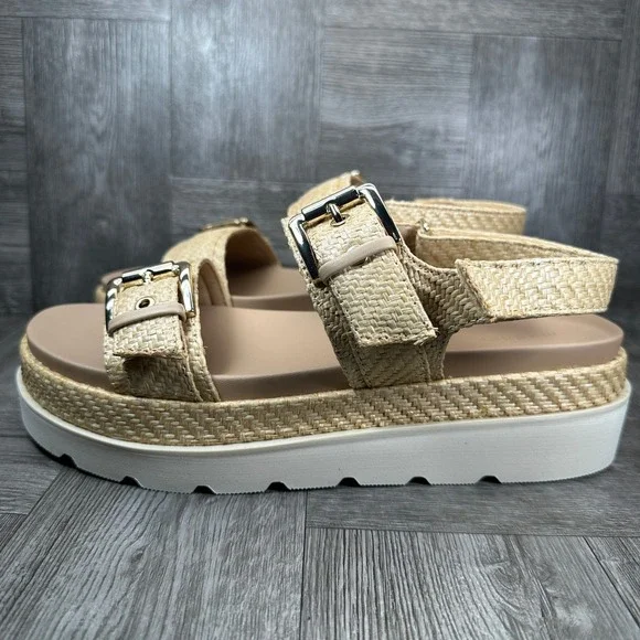Madden Girl Sandals Womens 9.5 Natural Raffia Platform Buckle Flatform NEW - Picture 2 of 8